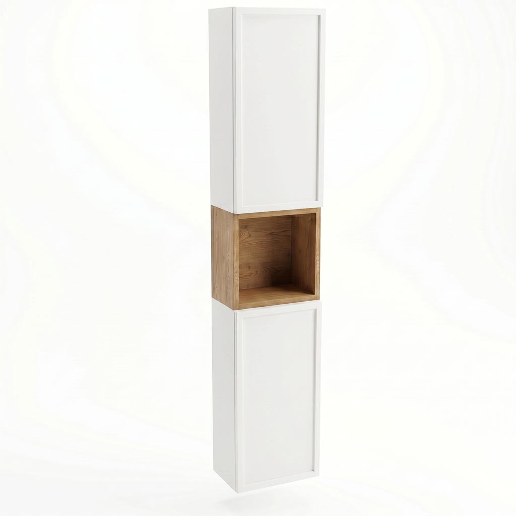 Słupek łazienkowy Roma 150 cm Biały / Dąb Cremona z regałem typu kubik, półkami i systemem push-to-open, nowoczesny mebel do łazienki.