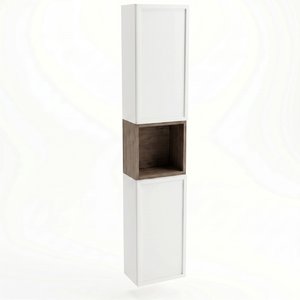 Słupek łazienkowy Roma 150 cm Biały / Orzech Ciemny z regałem typu kubik, półkami i systemem push-to-open, elegancki nowoczesny mebel do łazienki.