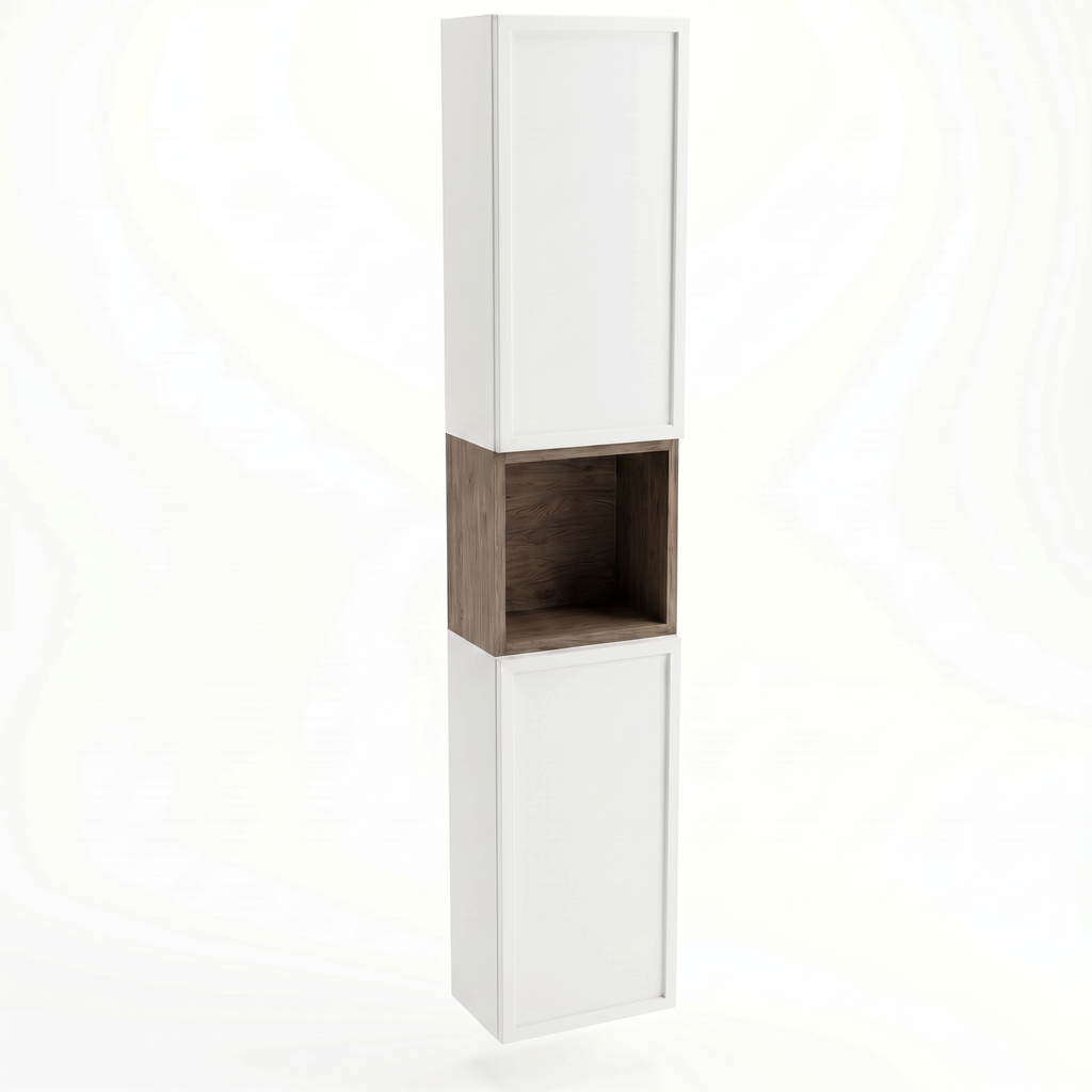 Słupek łazienkowy Roma 150 cm Biały / Orzech Ciemny z regałem typu kubik, półkami i systemem push-to-open, elegancki nowoczesny mebel do łazienki.