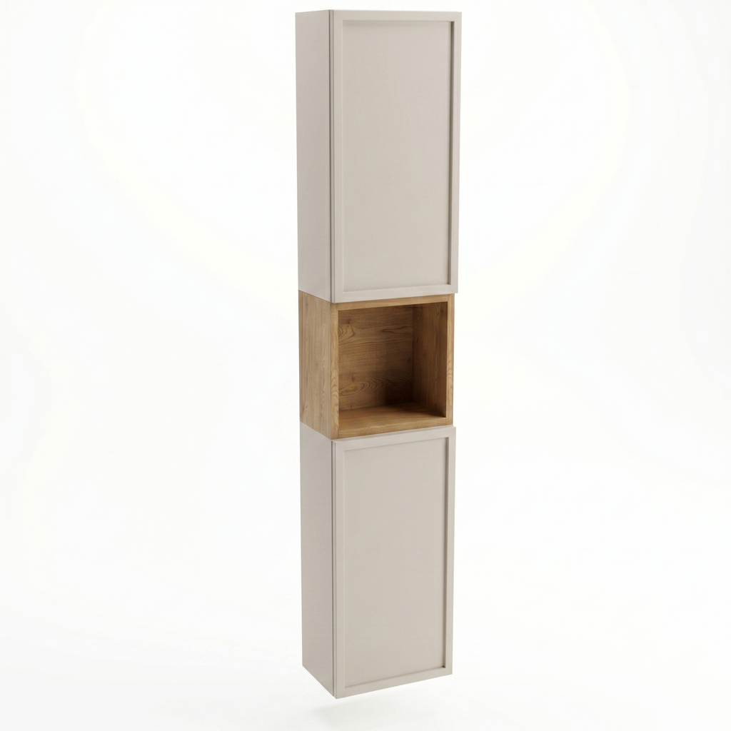 Słupek łazienkowy Roma 150 cm Kaszmir / Dąb Cremona z regałem typu kubik, półkami i systemem push-to-open, nowoczesny mebel do łazienki.