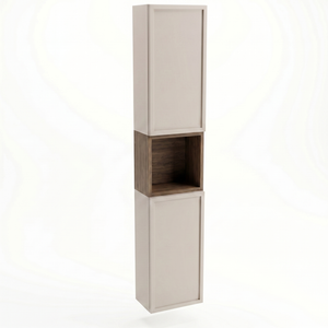 Słupek łazienkowy Roma 150 cm Kaszmir / Orzech Ciemny z regałem typu kubik, półkami i systemem push-to-open, elegancki mebel do nowoczesnej łazienki.