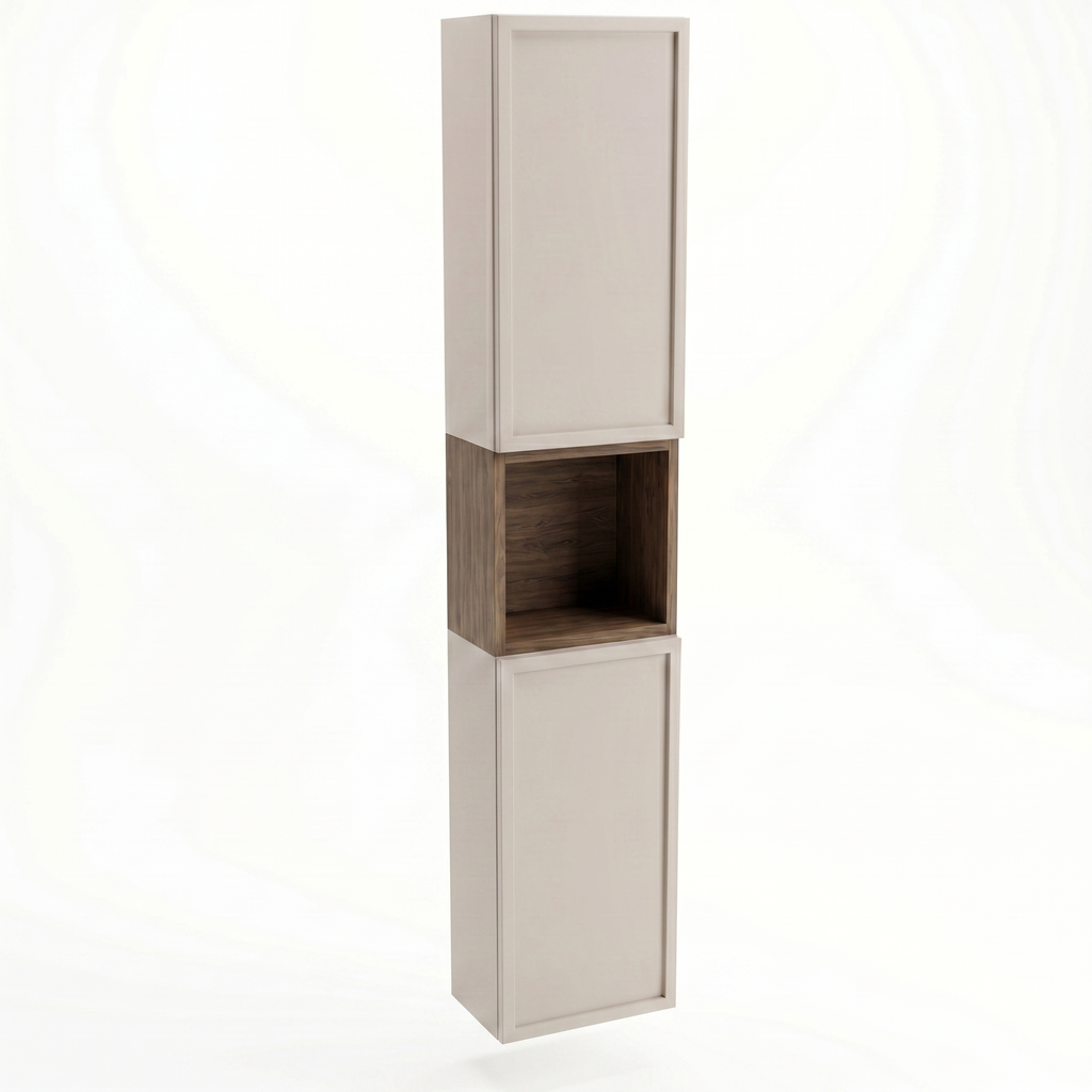 Słupek łazienkowy Roma 150 cm Kaszmir / Orzech Ciemny z regałem typu kubik, półkami i systemem push-to-open, elegancki mebel do nowoczesnej łazienki.