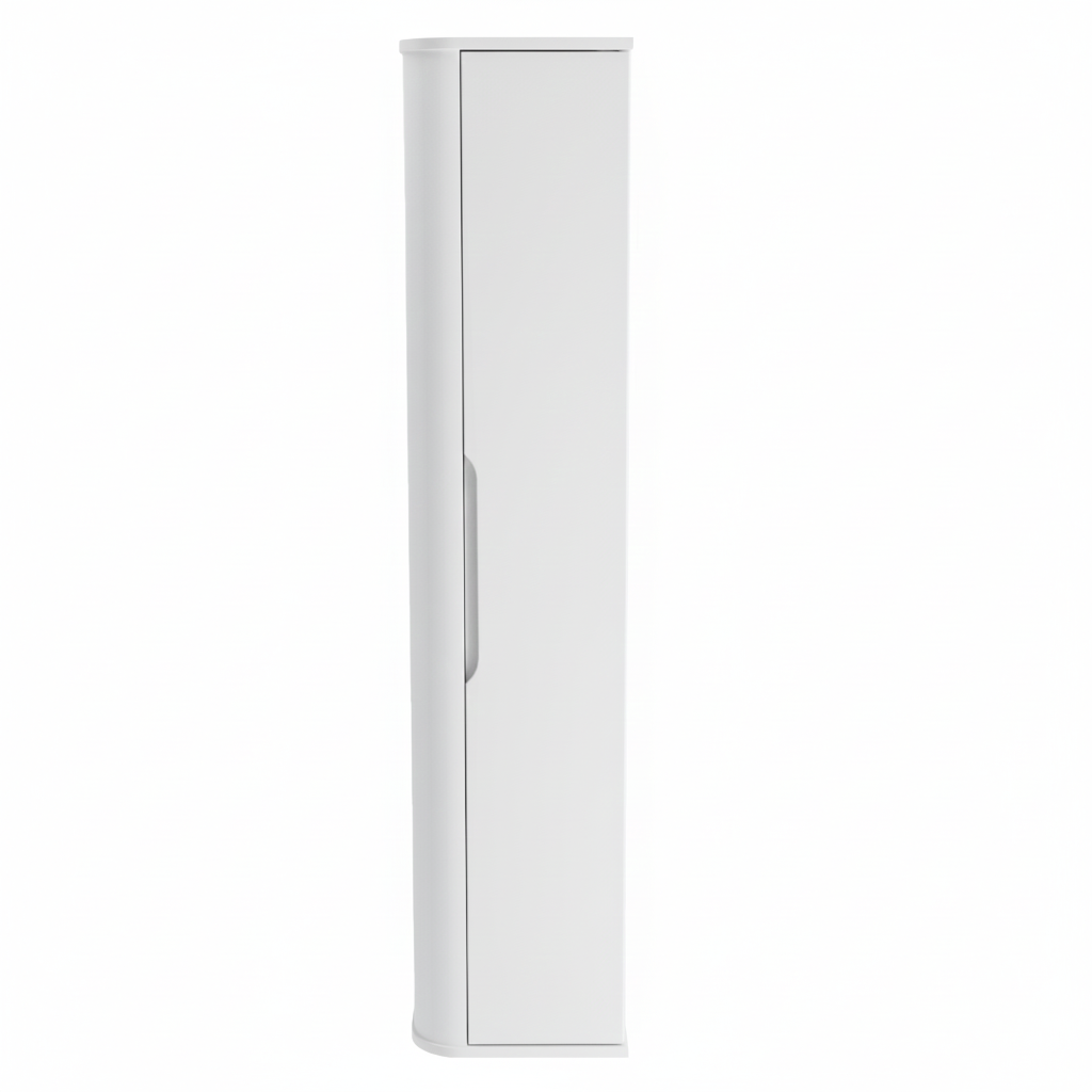 Słupek łazienkowy Luma 160 cm biały mat, nowoczesny, zaoblony design, bezuchwytowy front, pojemne półki, funkcjonalna szafka łazienkowa do łazienki.
