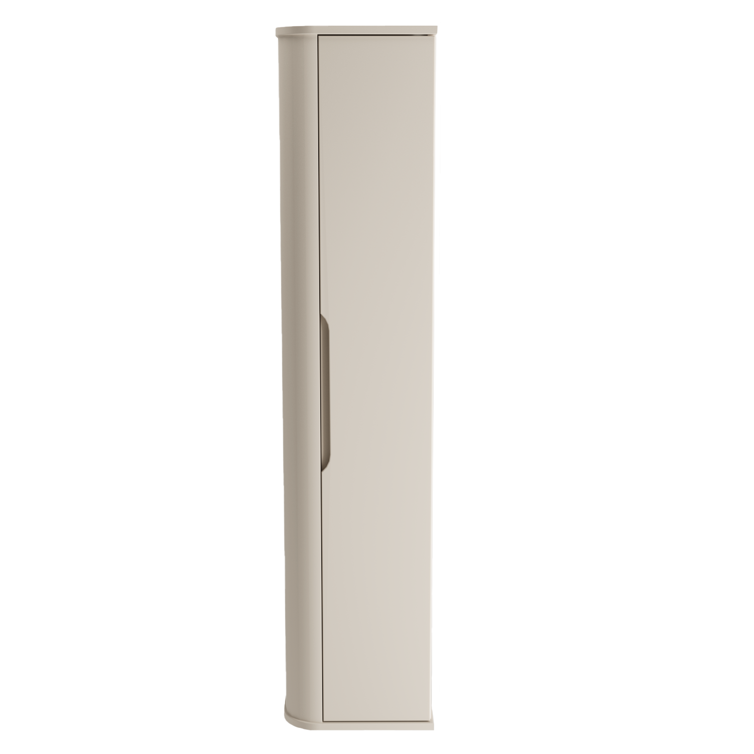 Słupek łazienkowy Luma 160 cm Kaszmir Mat, smukły regał z zaokrąglonym bokiem, bezuchwytowy front, pojemne półki, funkcjonalna szafka łazienkowa do łazienki.