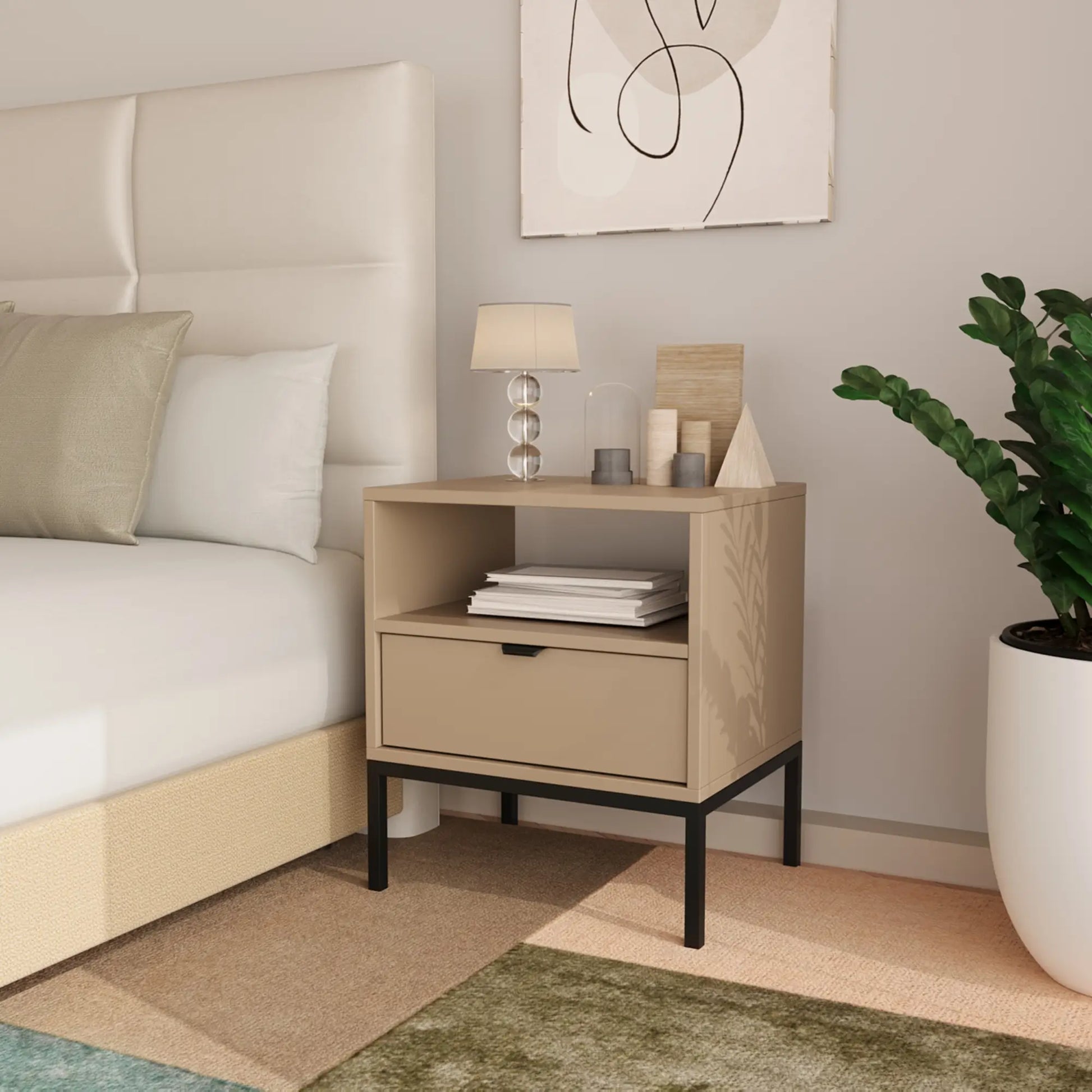 Nachttisch Aura in Cappuccino mit einer Schublade, Ablagefläche und schwarzem Metallrahmen, ideal für moderne Schlafzimmer.