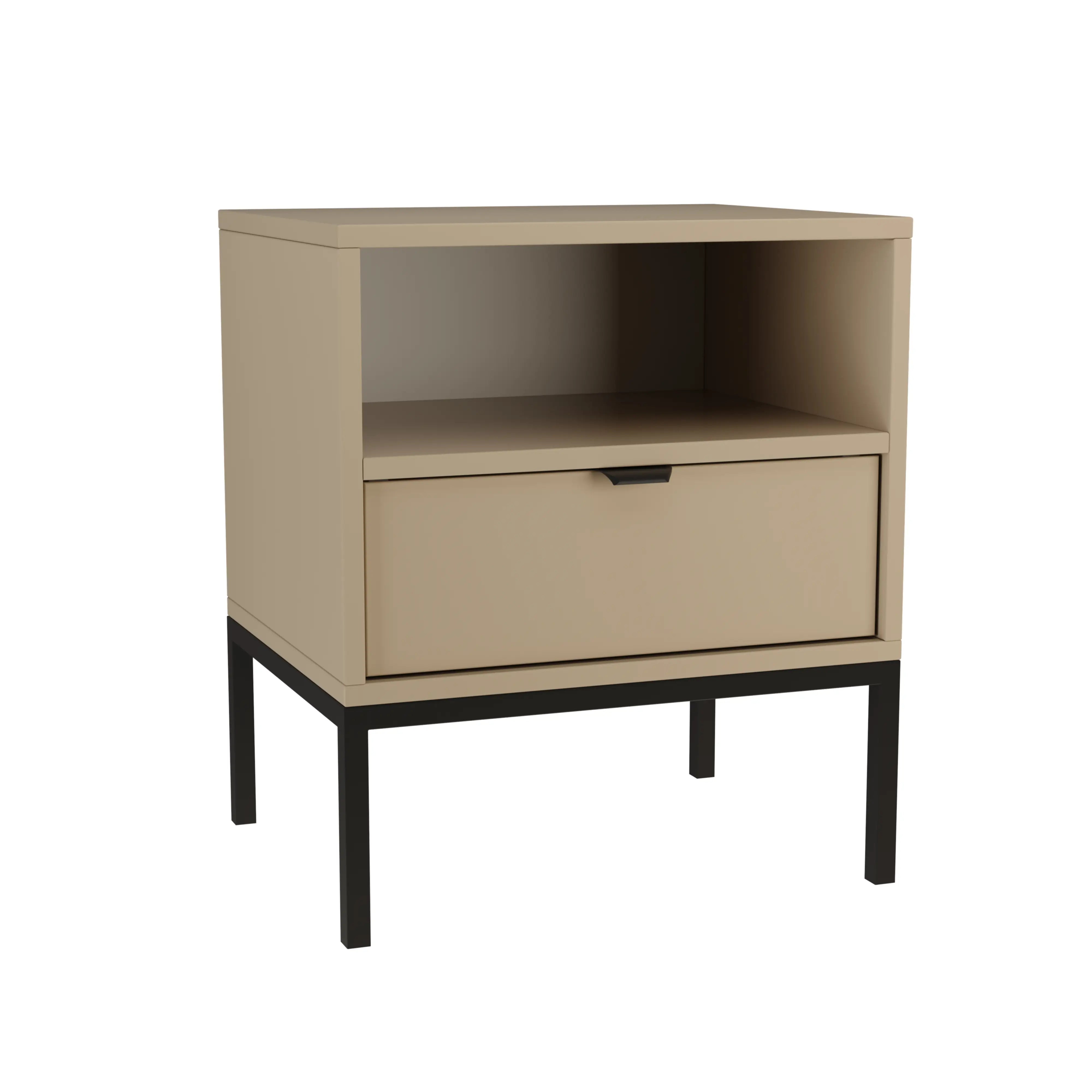 Nachttisch Aura in Cappuccino mit einer Schublade, Ablagefläche und schwarzem Metallrahmen, ideal für moderne Schlafzimmer.