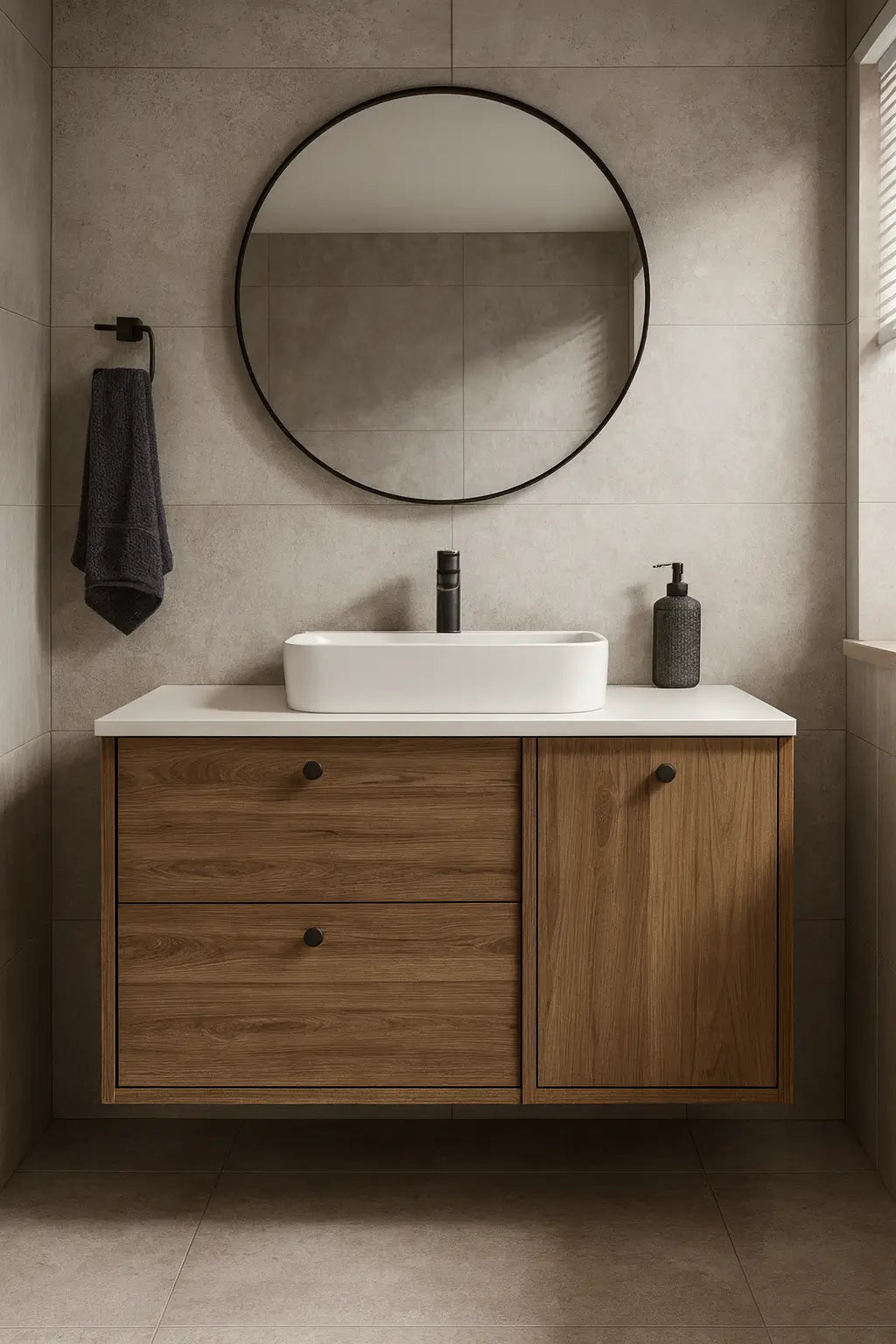 Szafka pod umywalkę 100 cm z koszem na pranie Belino - Ciemny Orzech/Marmur Bianco blat