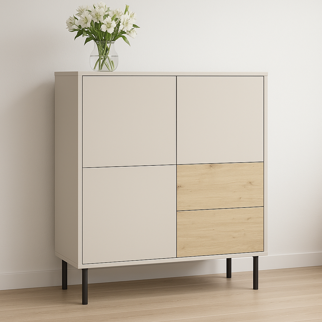 Komoda wysoka 100 cm, 3 drzwi, 2 szuflady Kaszmir/Dąb artisan Lola