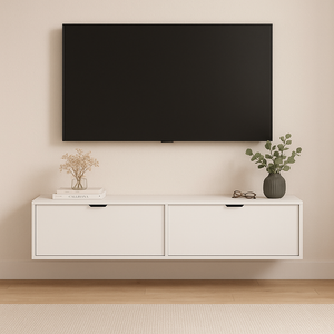 Wisząca szafka RTV Aura 140 cm Biała z dwoma drzwiczkami i metalowymi uchwytami – nowoczesny mebel do salonu