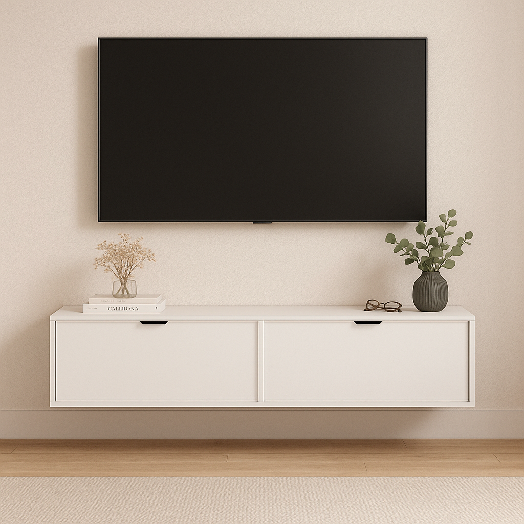 Wisząca szafka RTV Aura 140 cm Biała z dwoma drzwiczkami i metalowymi uchwytami – nowoczesny mebel do salonu