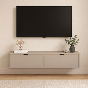 Szafka RTV 140 cm wisząca Kaszmir Aura, nowoczesna szafka RTV do salonu z gładkimi frontami w eleganckim kolorze kaszmir.