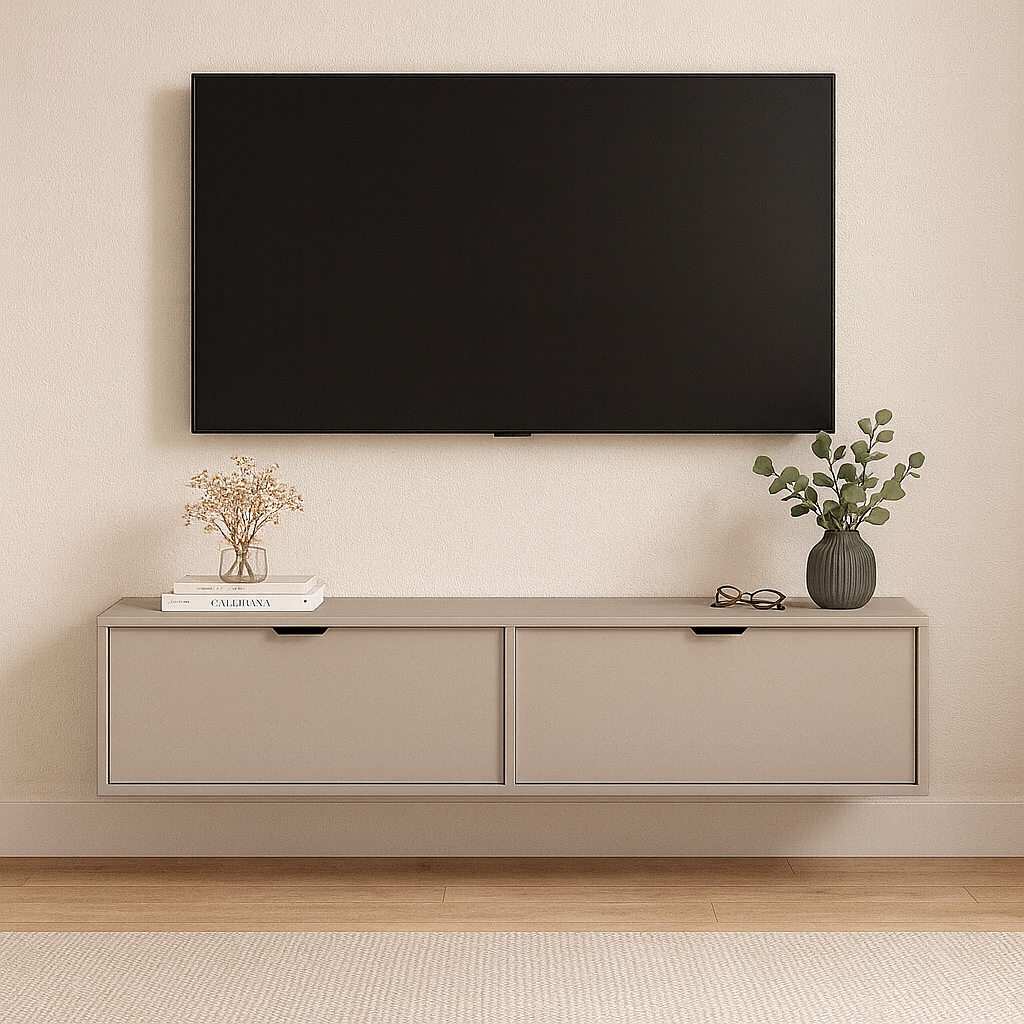 Szafka RTV 140 cm wisząca Kaszmir Aura, nowoczesna szafka RTV do salonu z gładkimi frontami w eleganckim kolorze kaszmir.