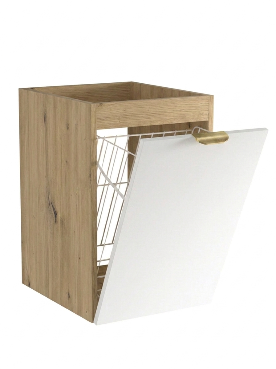 Szafka łazienkowa Orio 40 cm Biała / Dąb Artisan z wbudowanym koszem na pranie, białymi frontami i korpusem w dekorze drewna.