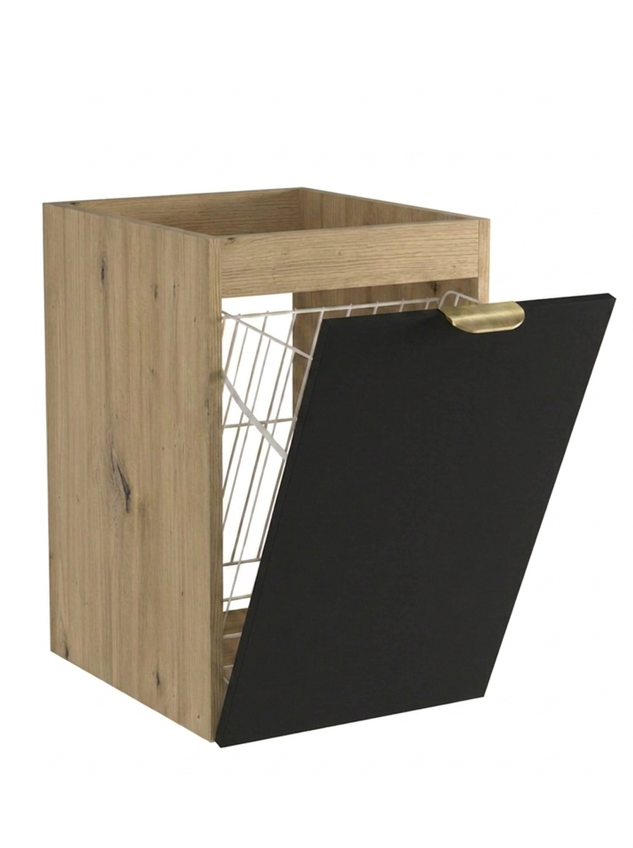Szafka łazienkowa Orio 40 cm Czarna / Dąb Artisan z wbudowanym koszem na pranie, czarnymi frontami i korpusem w dekorze drewna.