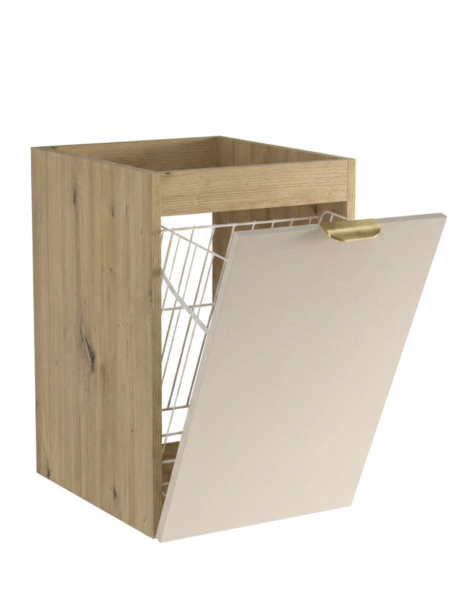 Szafka łazienkowa Orio 40 cm Kaszmir / Dąb Artisan z wbudowanym koszem na pranie, gładkimi frontami i metalowymi uchwytami.