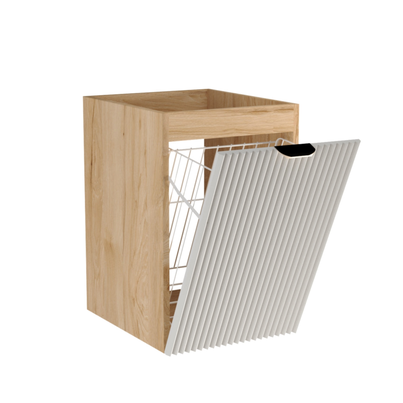 Szafka łazienkowa 40 cm Biała/Orzech Willy z koszem na pranie w nowoczesnej łazience, front MDF ryflowany, korpus laminowany.