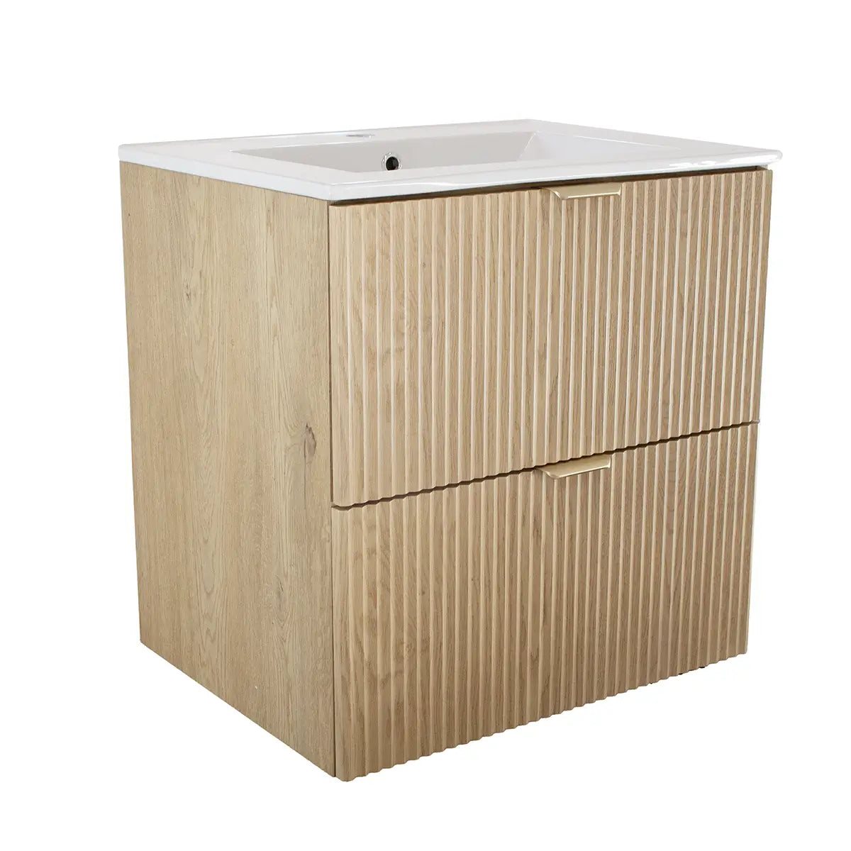 Szafka łazienkowa 60 cm z umywalką wpuszczaną Dąb Cremona Willy, ryflowane fronty, elegancki design, metalowe uchwyty do wyboru.