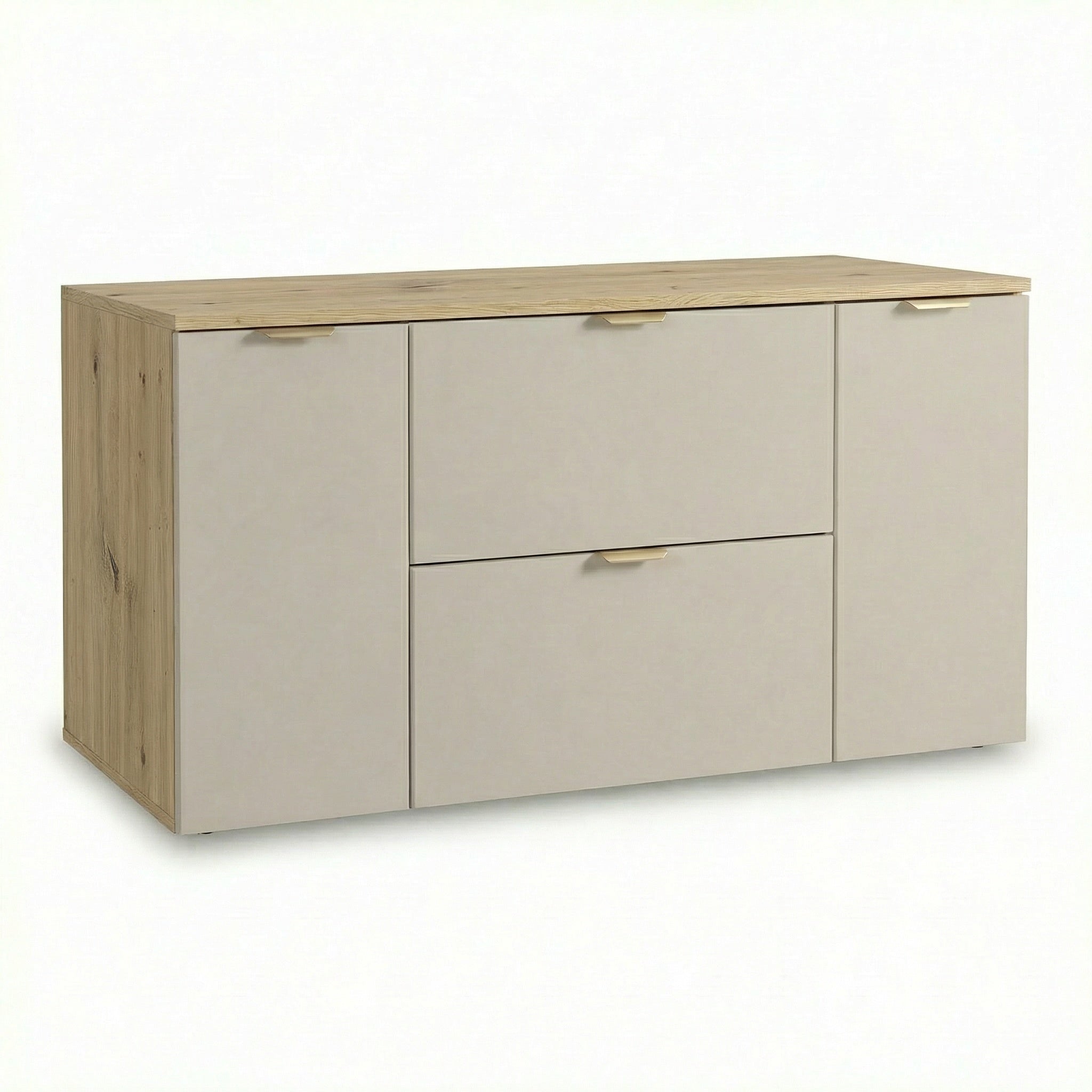 Szafka łazienkowa pod umywalkę 120 cm Orio Kaszmir/Dąb Artisan z 2 szufladami i 2 drzwiami, gładkie fronty i system soft-close – elegancka i funkcjonalna.
