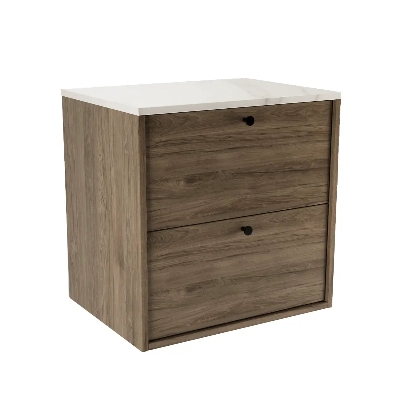 Szafka łazienkowa pod umywalkę Belino 60 cm Ciemny Orzech z blatem Marmur Bianco, dwie szuflady, nowoczesny i elegancki design.
