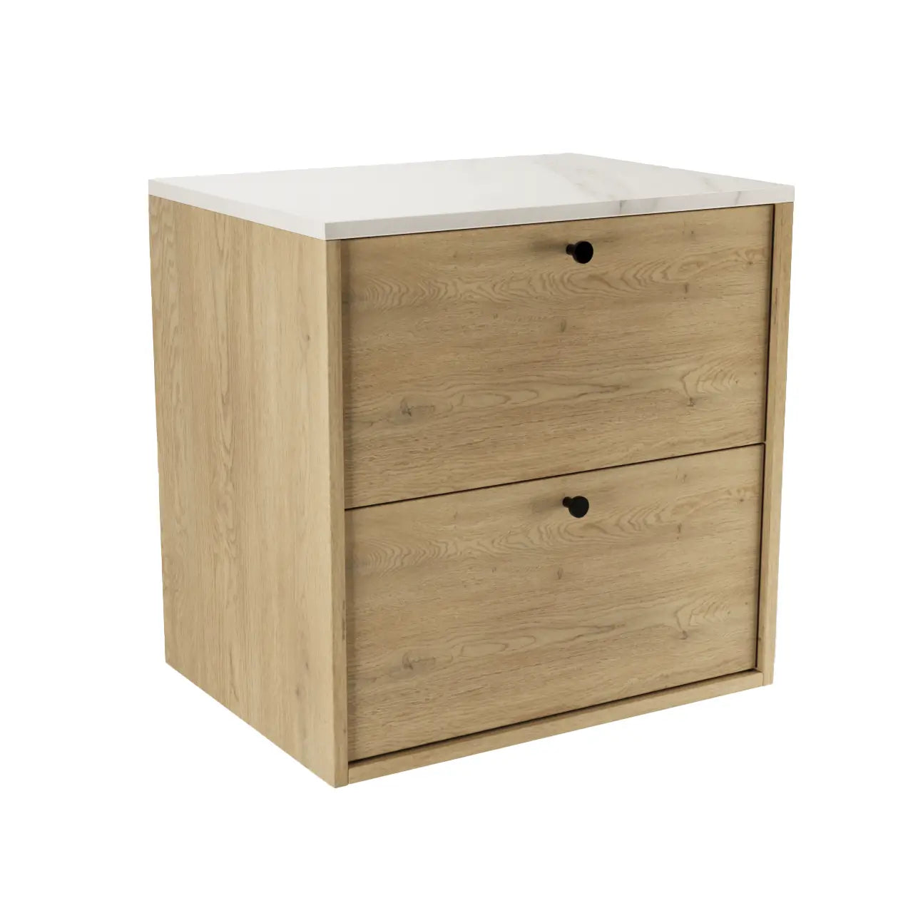 Szafka łazienkowa pod umywalkę Belino 60 cm Dąb Cremona z blatem Marmur Bianco, dwie szuflady, nowoczesny i elegancki design.