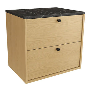 Szafka łazienkowa pod umywalkę Belino 60 cm Dąb Cremona z blatem Marmur Czarny, dwie szuflady, nowoczesny i elegancki design.