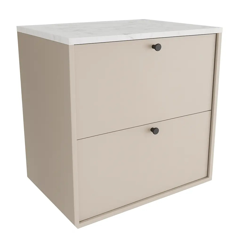 Szafka łazienkowa pod umywalkę Belino 60 cm Kaszmir z blatem Marmur Bianco, dwie szuflady, nowoczesny i elegancki design.