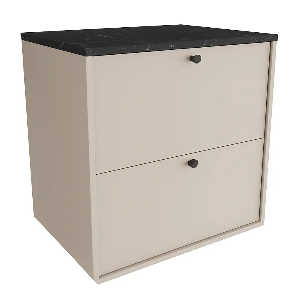 Szafka łazienkowa pod umywalkę Belino 60 cm Kaszmir z blatem Marmur Czarny Royal, dwie szuflady, nowoczesny i elegancki design.