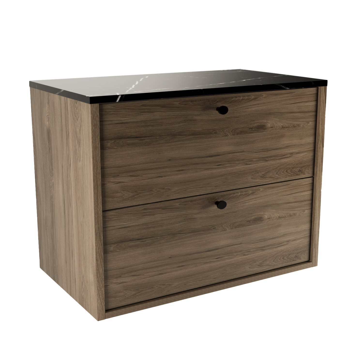 Szafka łazienkowa pod umywalkę 80 cm Belino ciemny orzech z blatem Marmur Czarny Royal, z dwiema szufladami Soft-Close do nowoczesnej łazienki.