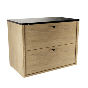 Szafka łazienkowa pod umywalkę 80 cm Belino Dąb Cremona z blatem Marmur Czarny Royal, dwie szuflady Soft-Close, elegancki mebel do nowoczesnej łazienki.