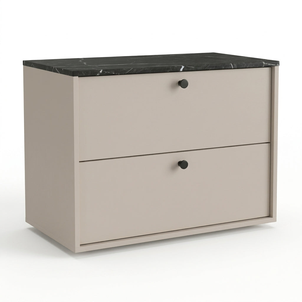 Szafka łazienkowa Belino 80 cm kaszmir z blatem Marmur Czarny Royal, dwie szuflady soft-close i metalowe uchwyty