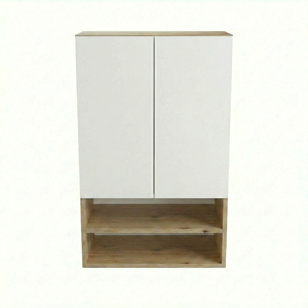 Szafka łazienkowa wisząca Orio 60 cm biała z dębem artisan nad zabudową Geberit, dwie półki, nowoczesny minimalistyczny design.