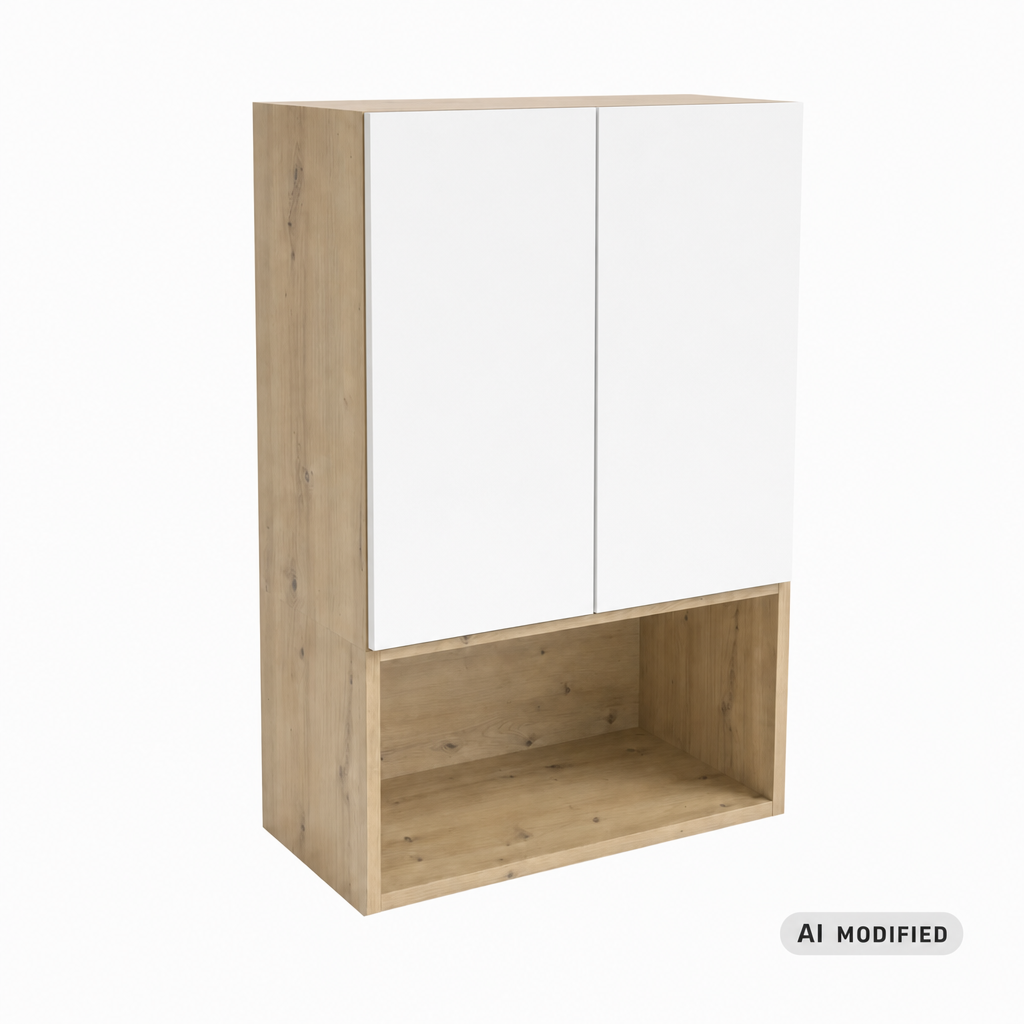 Szafka łazienkowa wisząca Orio 60 cm Biała/Dąb Artisan nad Geberit z gładkimi frontami, systemem push-to-open i otwartą półką dolną.
