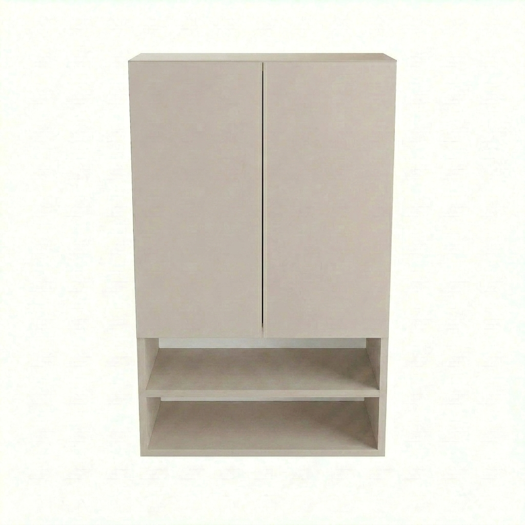 Szafka łazienkowa wisząca Orio 60 cm w kolorze kaszmir nad zabudową Geberit, minimalistyczny design, dwie pojemne półki.