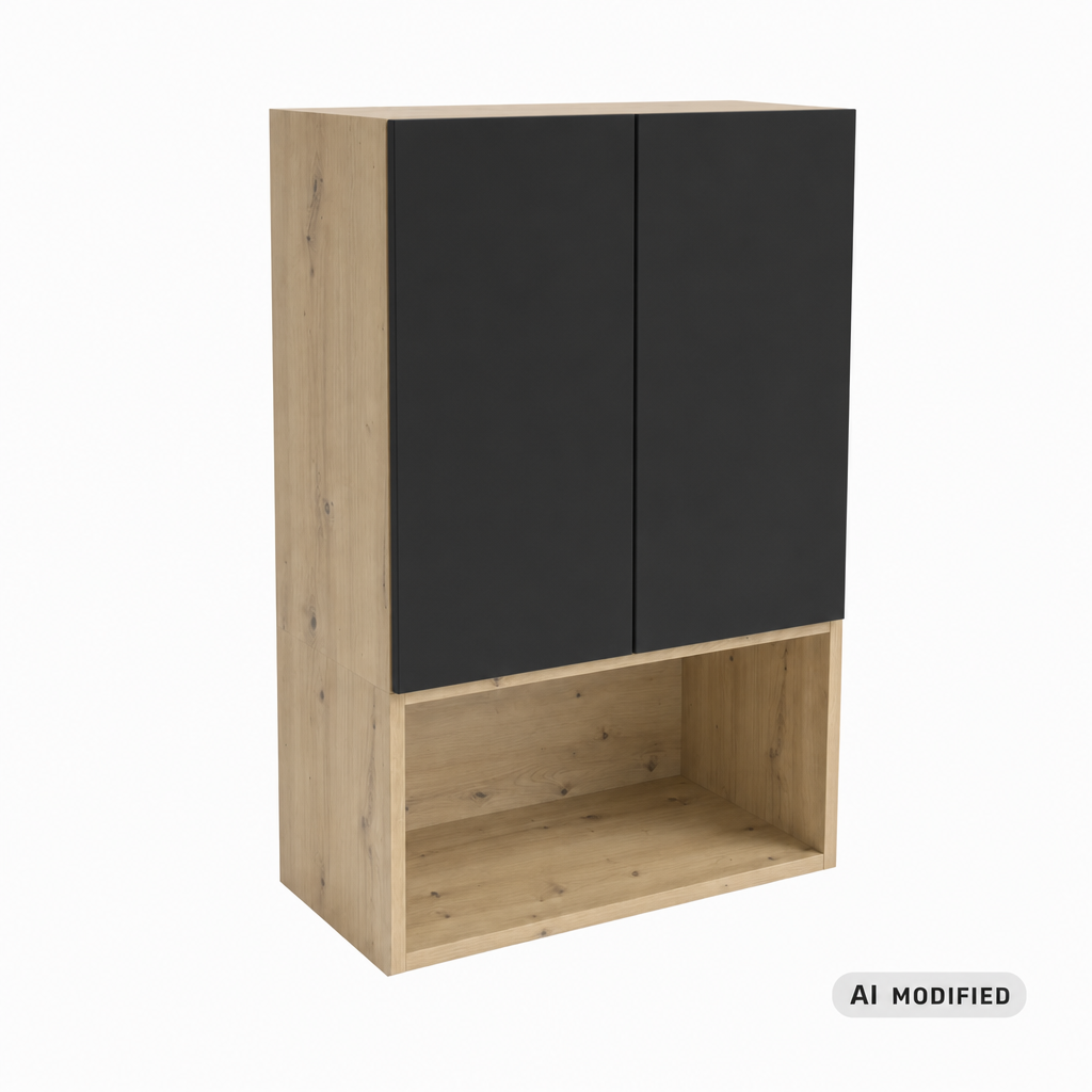 Szafka łazienkowa wisząca Orio 60 cm Czarna/Dąb Artisan nad Geberit z gładkimi frontami, systemem push-to-open i otwartą półką dolną.