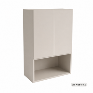 Szafka łazienkowa wisząca Orio 60 cm w kolorze kaszmir nad Geberit, z gładkimi frontami, systemem push-to-open i dodatkową dolną półką.