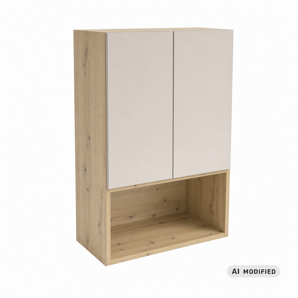 Szafka łazienkowa wisząca Orio 60 cm Kaszmir/Dąb Artisan nad Geberit z gładkimi frontami, systemem push-to-open i otwartą półką dolną.