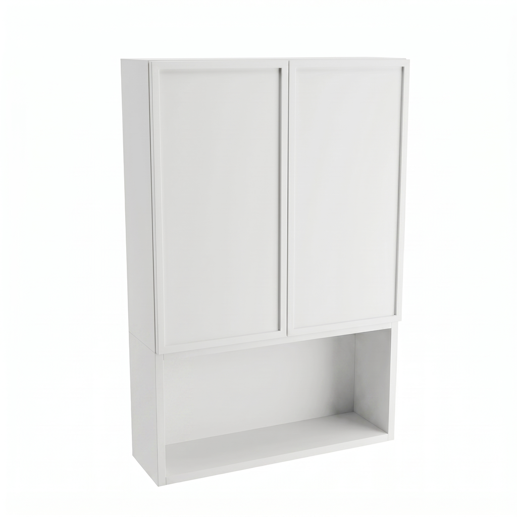 Szafka łazienkowa wisząca Roma 60 cm Biała nad Geberit, z dwojgiem drzwi, półką i otwartą wnęką, nowoczesny mebel ścienny do łazienki.