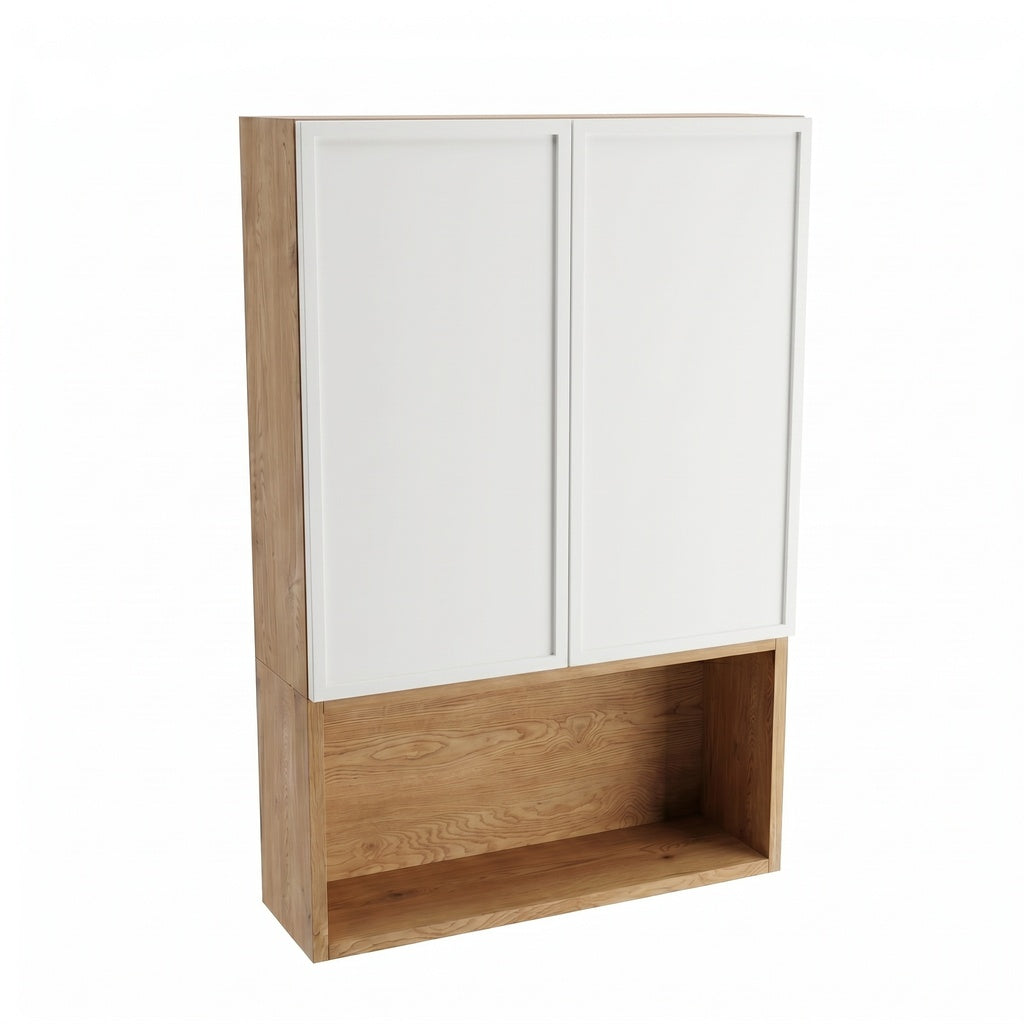 Szafka łazienkowa wisząca Roma 60 cm Biała / Dąb Cremona nad Geberit z dwojgiem drzwi i półką, nowoczesny i naturalny mebel ścienny do łazienki.