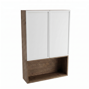 Szafka łazienkowa wisząca Roma 60 cm Biała / Orzech Ciemny nad Geberit z dwojgiem drzwi, półką i otwartą wnęką, nowoczesny kontrastowy mebel ścienny do łazienki.