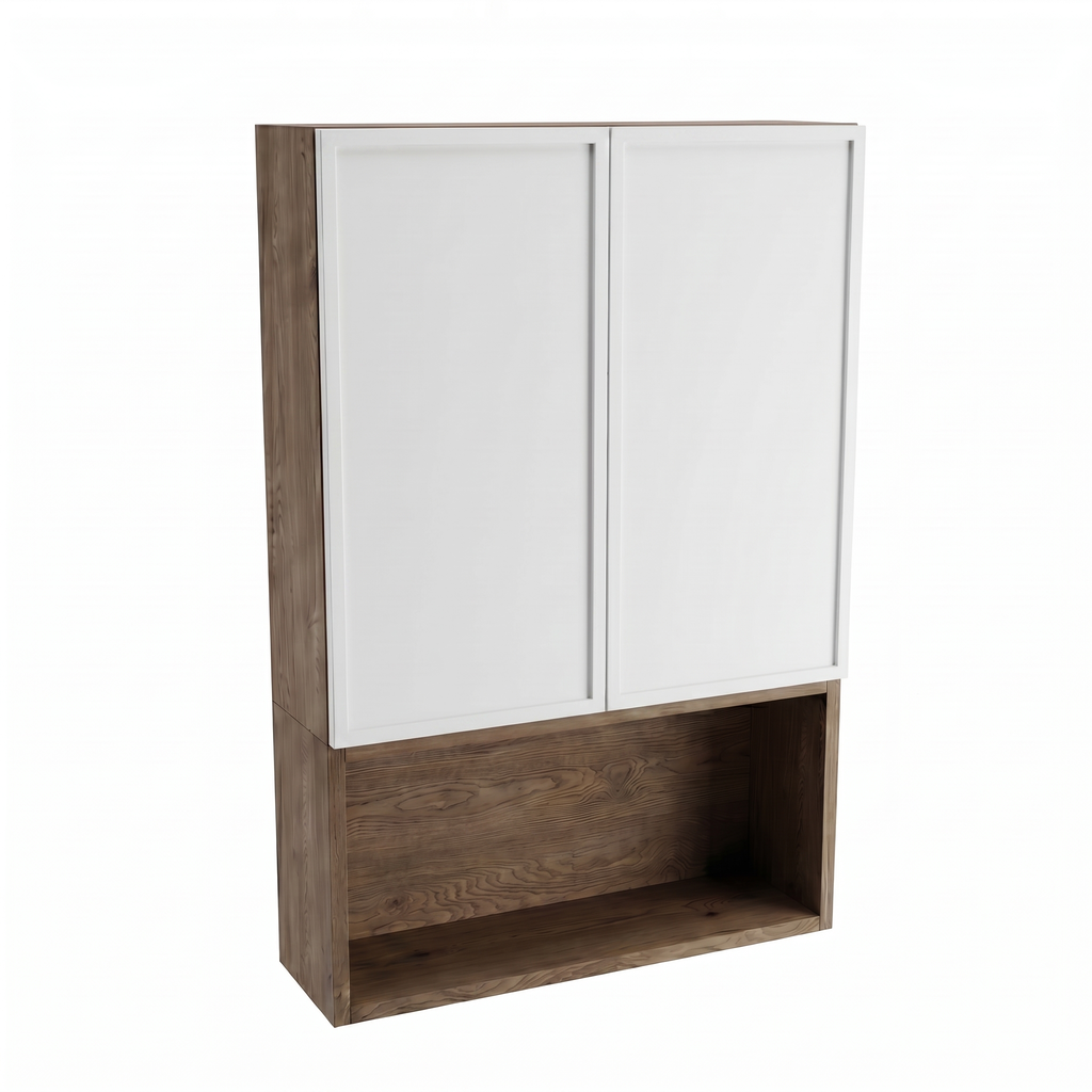 Szafka łazienkowa wisząca Roma 60 cm Biała / Orzech Ciemny nad Geberit z dwojgiem drzwi, półką i otwartą wnęką, nowoczesny kontrastowy mebel ścienny do łazienki.