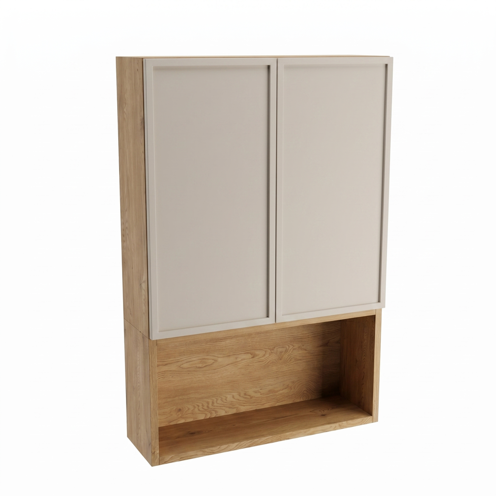 Szafka łazienkowa wisząca Roma 60 cm Kaszmir / Dąb Cremona nad Geberit z dwojgiem drzwi, półką i otwartą wnęką, nowoczesny i naturalny mebel ścienny do łazienki.