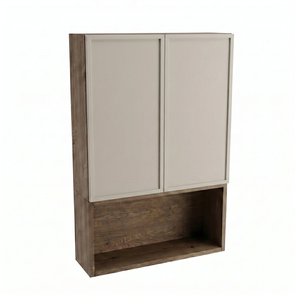 Szafka łazienkowa wisząca Roma 60 cm Kaszmir / Orzech Ciemny nad Geberit z dwojgiem drzwi i półką, elegancki kontrastowy mebel ścienny do łazienki.