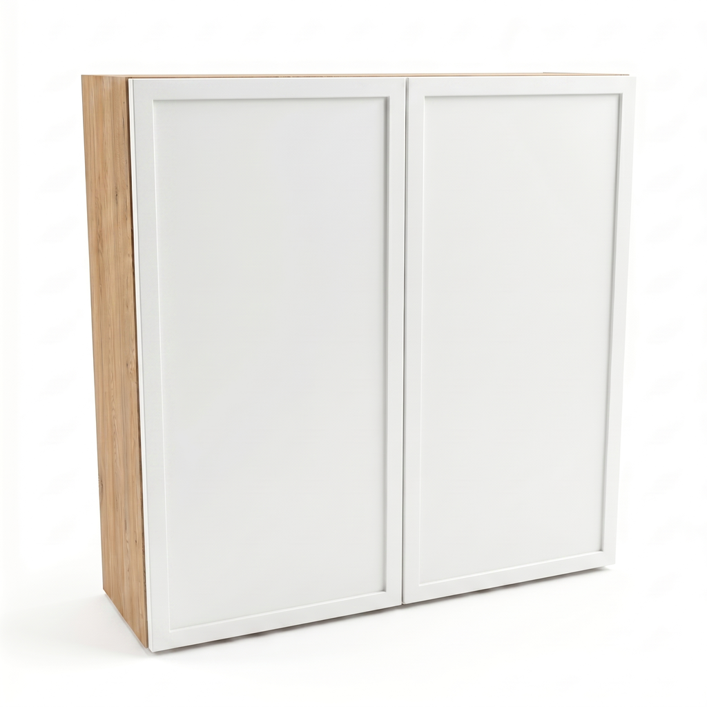 Szafka łazienkowa wisząca Roma 60 cm Biała / Dąb Cremona z dwojgiem drzwi i półką wewnętrzną, nowoczesny mebel ścienny o naturalnym wykończeniu do łazienki.