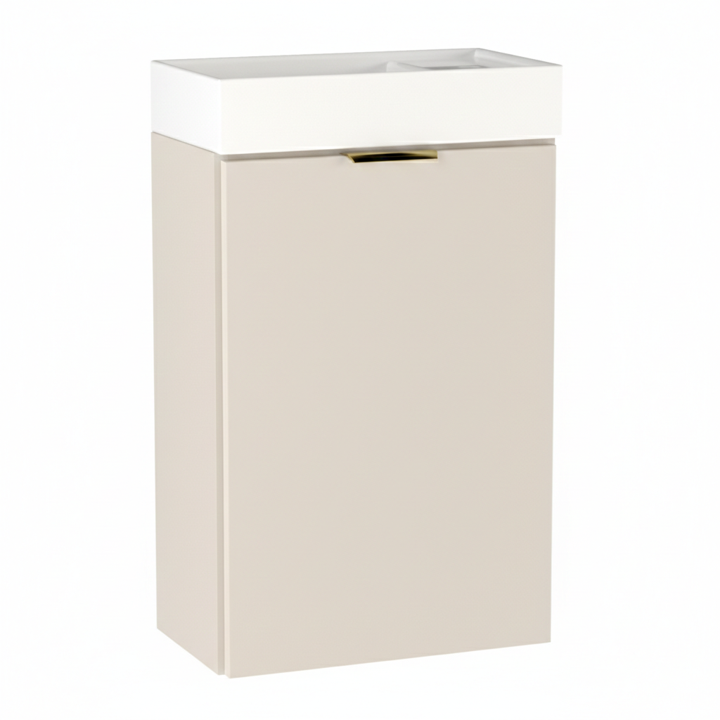 Szafka łazienkowa z umywalką 40 cm Kaszmir Orio z gładkim frontem, pojedynczymi drzwiami i złotym uchwytem, idealna do małych łazienek.