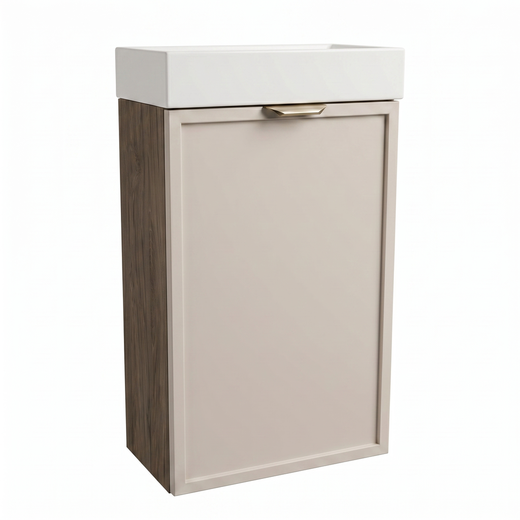 Szafka łazienkowa z umywalką Roma 40 cm Kaszmir / Orzech Ciemny z jednymi drzwiami i ceramiczną umywalką, elegancki nowoczesny zestaw do łazienki.