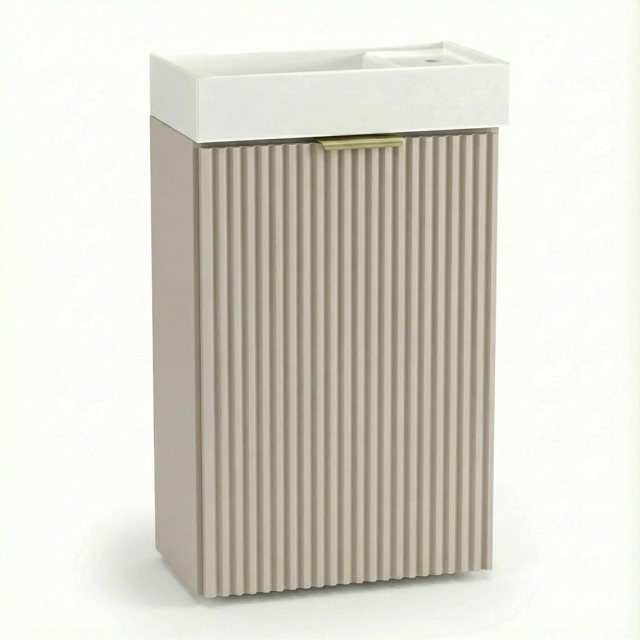 Szafka łazienkowa z umywalką 40 cm Kaszmir Willy – kompaktowa szafka z ryflowanymi drzwiami i ceramiczną umywalką do małej łazienki.