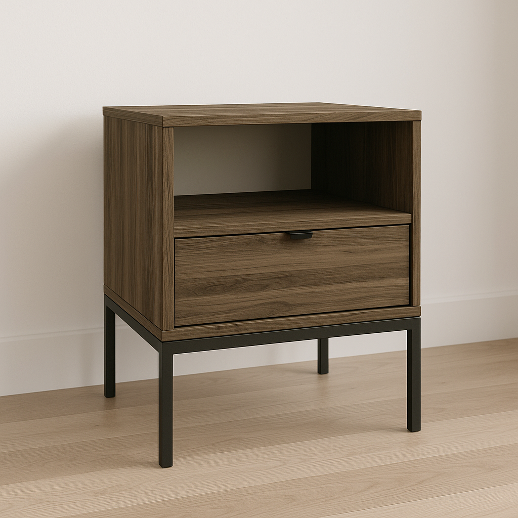 Szafka nocna Orzech Ciemny Aura z 1 szufladą i półką, czarnym metalowym stelażem i uchwytami, w eleganckim ciemnym odcieniu orzecha.