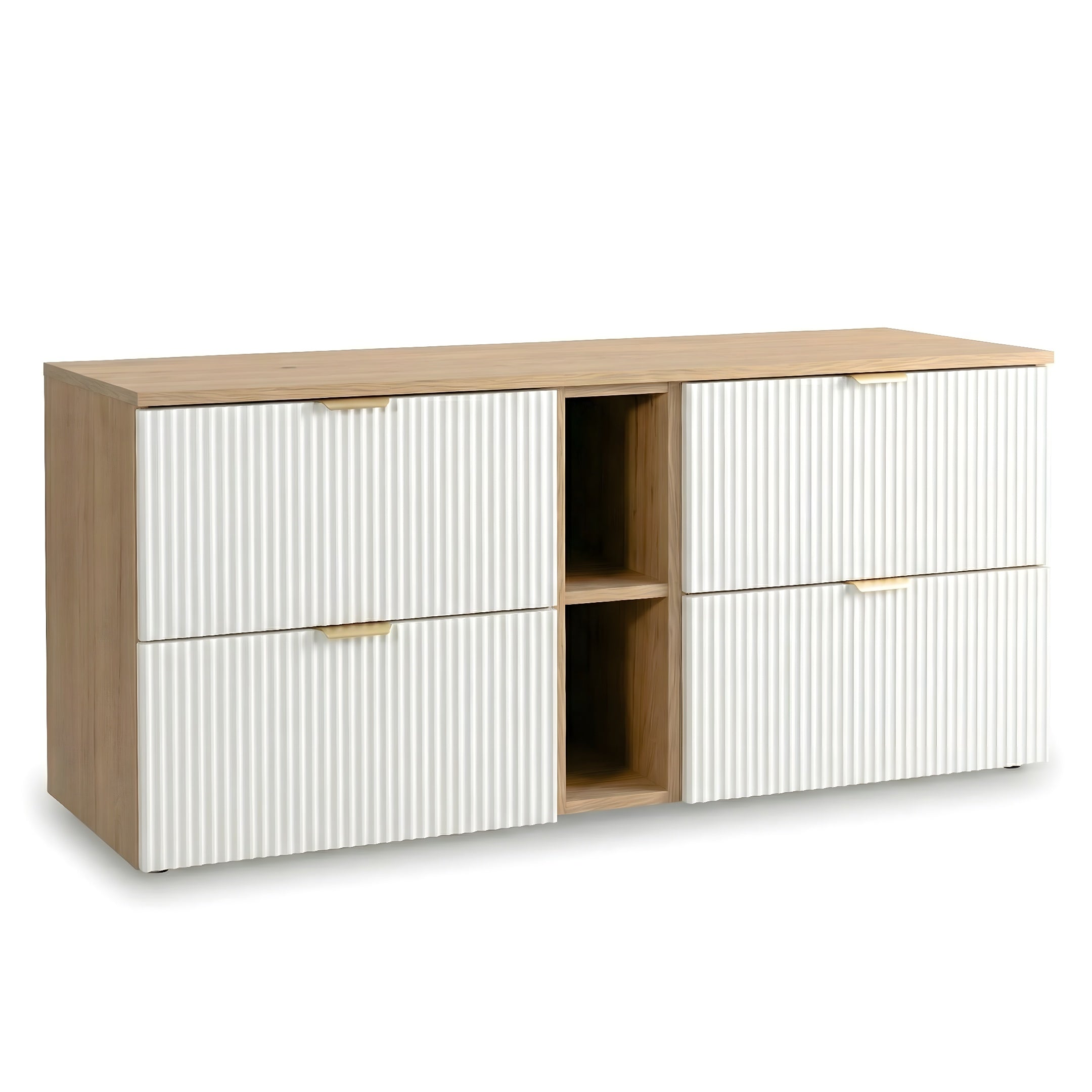Szafka pod umywalkę 140 cm Biały/Orzech z ryflowanymi frontami i regałem Willy – elegancka i funkcjonalna szafka do łazienki.
