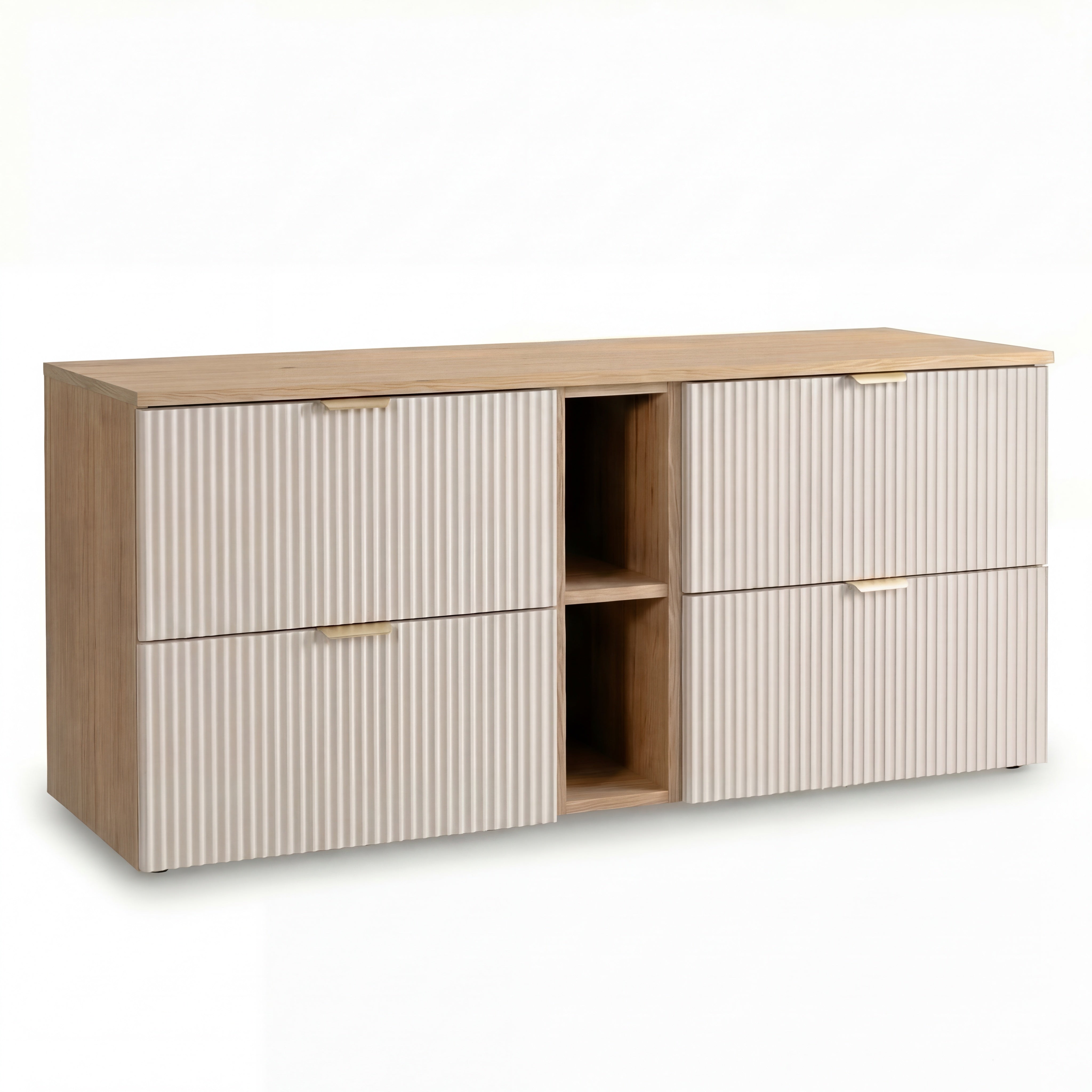 Szafka pod umywalkę 140 cm Kaszmir/Orzech Willy z regałem i ryflowanymi frontami – elegancka, funkcjonalna szafka do nowoczesnej łazienki.