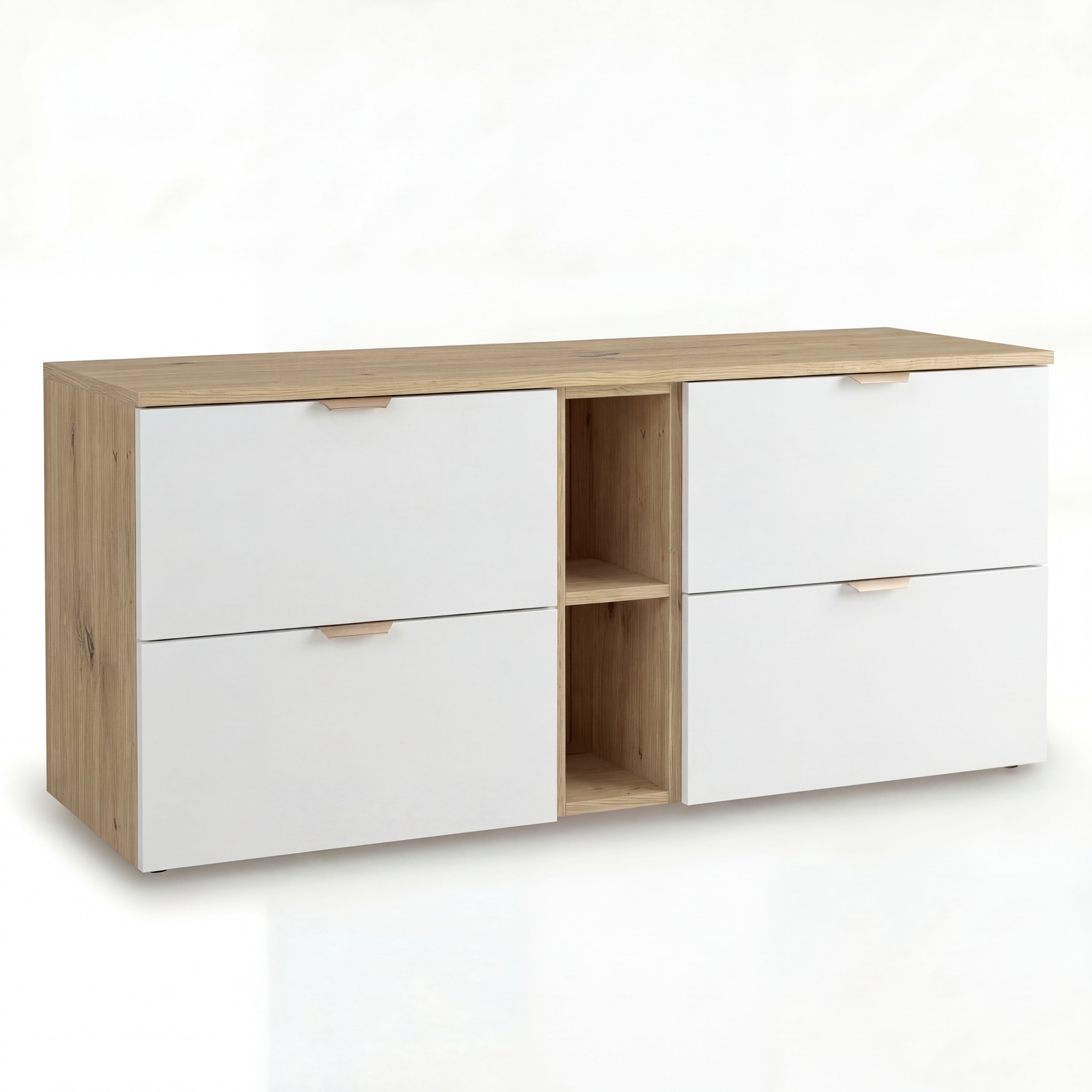 Szafka pod umywalkę Orio 140 cm - białe fronty, dekor Dąb Artisan, regał boczny i 4 szuflady, nowoczesna szafka łazienkowa do łazienki.